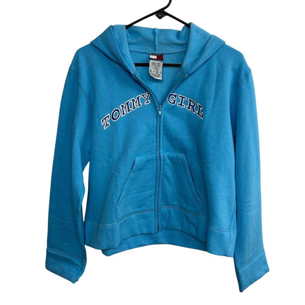 Y2K blue Tommy Girl hoodie zip up retro sporty logo spell out‎ size L